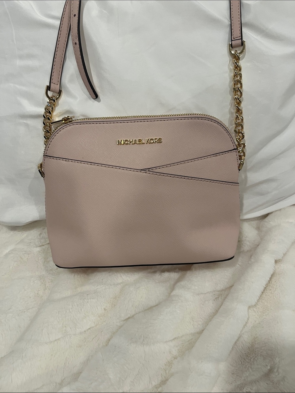 Michael Kors Pale Pink Saffiano Crossbody with Gold Chain Strap